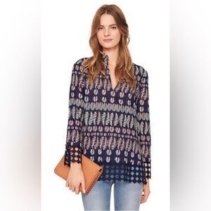 Tory Burch Navy Fern Cotton Crochet Lace Tunic Top